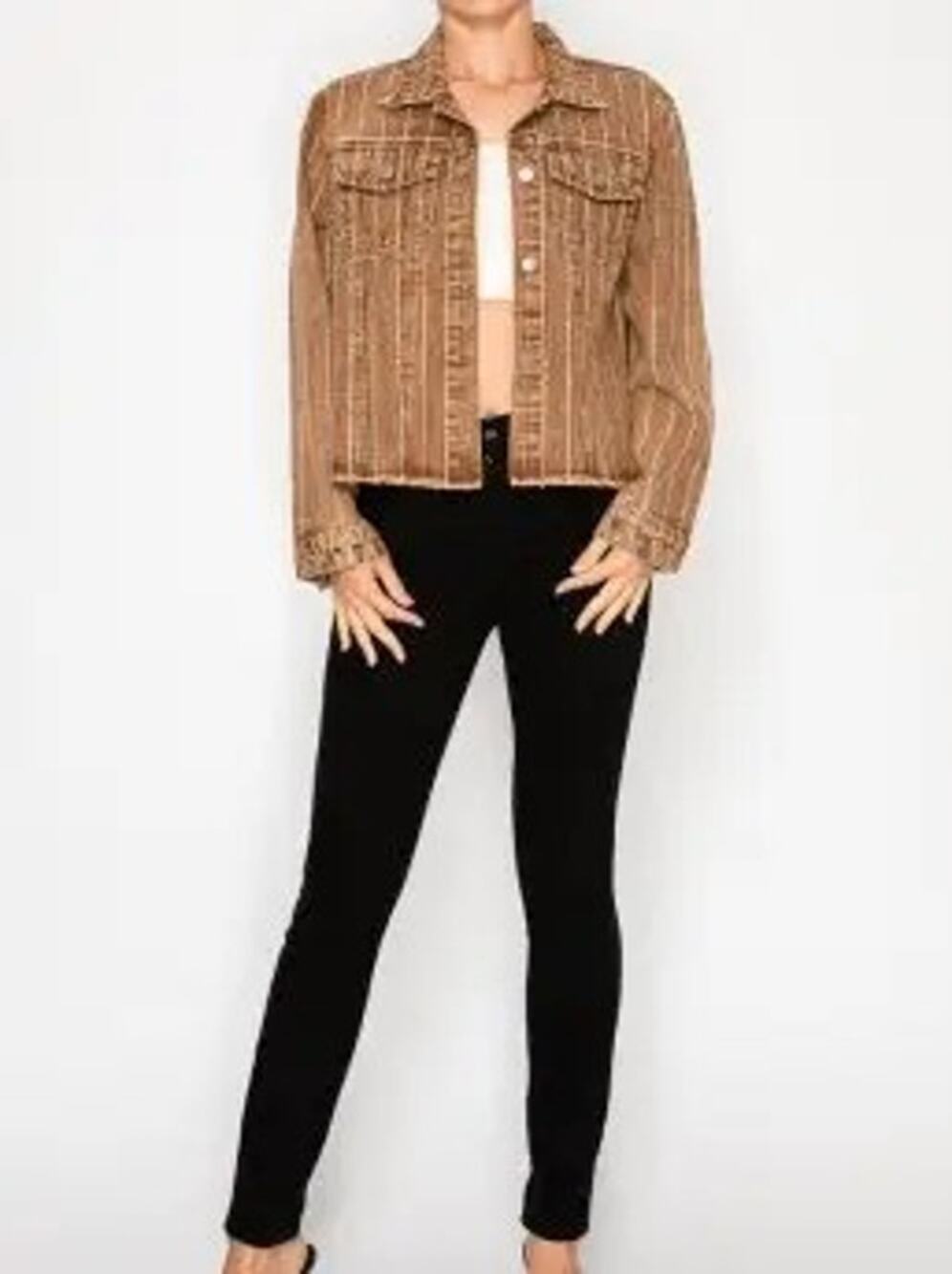 NWT Origami Apparel Brown Denim Jacket Sparkle Stripe Embellished Jean Jacket M